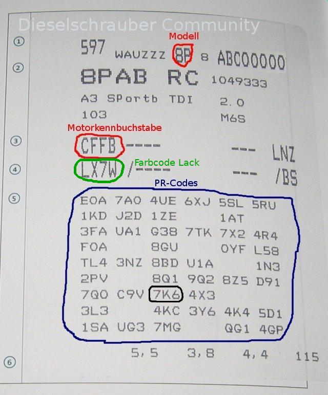 Fahrgestellnummer und Fahrzeuginfo Audi A3. Die Fahrgestellnummer / VIN befindet sich in der ersten Zeile des PR-Code Aufklebers. Dieser klebt a) im Serviceheft auf der ersten Seite, b) in der Kofferraummulde.
Die Fahrgestellnummer ist oft auch unten an der Frontscheibe bzw. unterhalb der Frontscheibe nach dem Öffnen der Motorhaube sichtbar. Fahrzeuginfo-Audi-A3.jpg