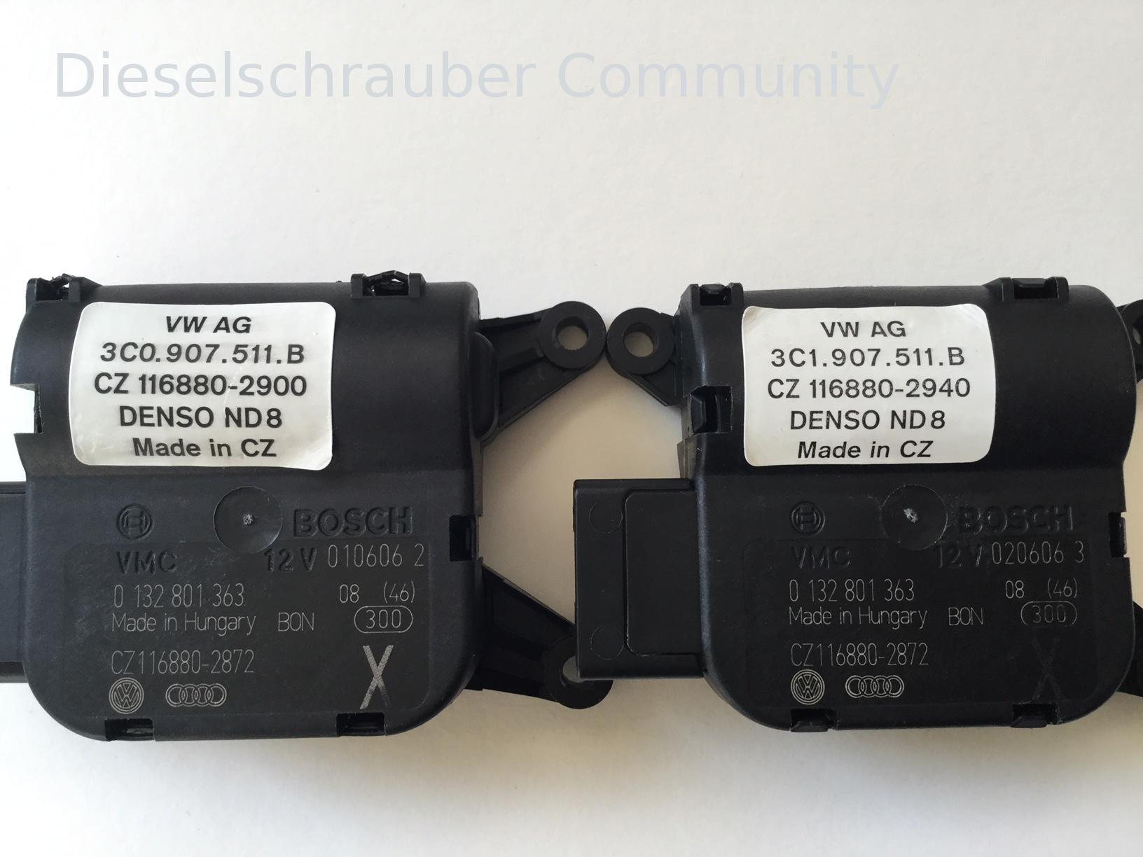 Das Grundmodul des Stellmotos für die rechte Temperaturklappe (V159) und des Stellmotors für die Umluftklappe (V113) ist gleich und von BOSCH hergestellt. V159 (3C0907511B) und V113 (3C1907511B ) jeweils ohne Etikett.JPG