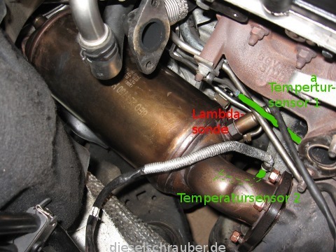Abgastemperatursensoren 2.0 TDI 12V 103kW (Motorkennbuchstabe BRE)
Abgastemperatursensor 1 misst die Temperatur am Turbineneintritt des Laders.
Abgastemperatursensor 2 vor dem DPF. bre_egt_sensors.jpg