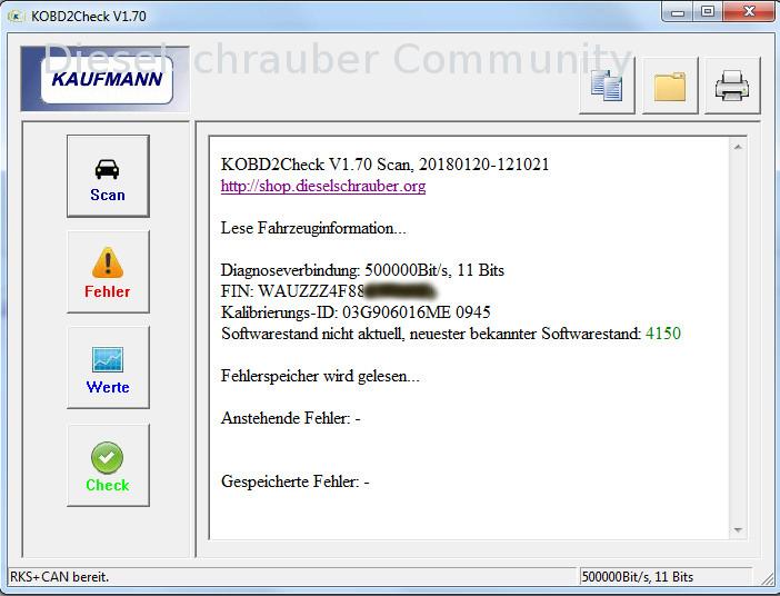 Prüfung auf neueren Softwarestand des Motorsteuergeräts.
Sofern vom Motorsteuergerät unterstützt, Prüfung der Steuergerätesoftware auf Modifikation. ECU-Software-check-KOBD2Check.jpg